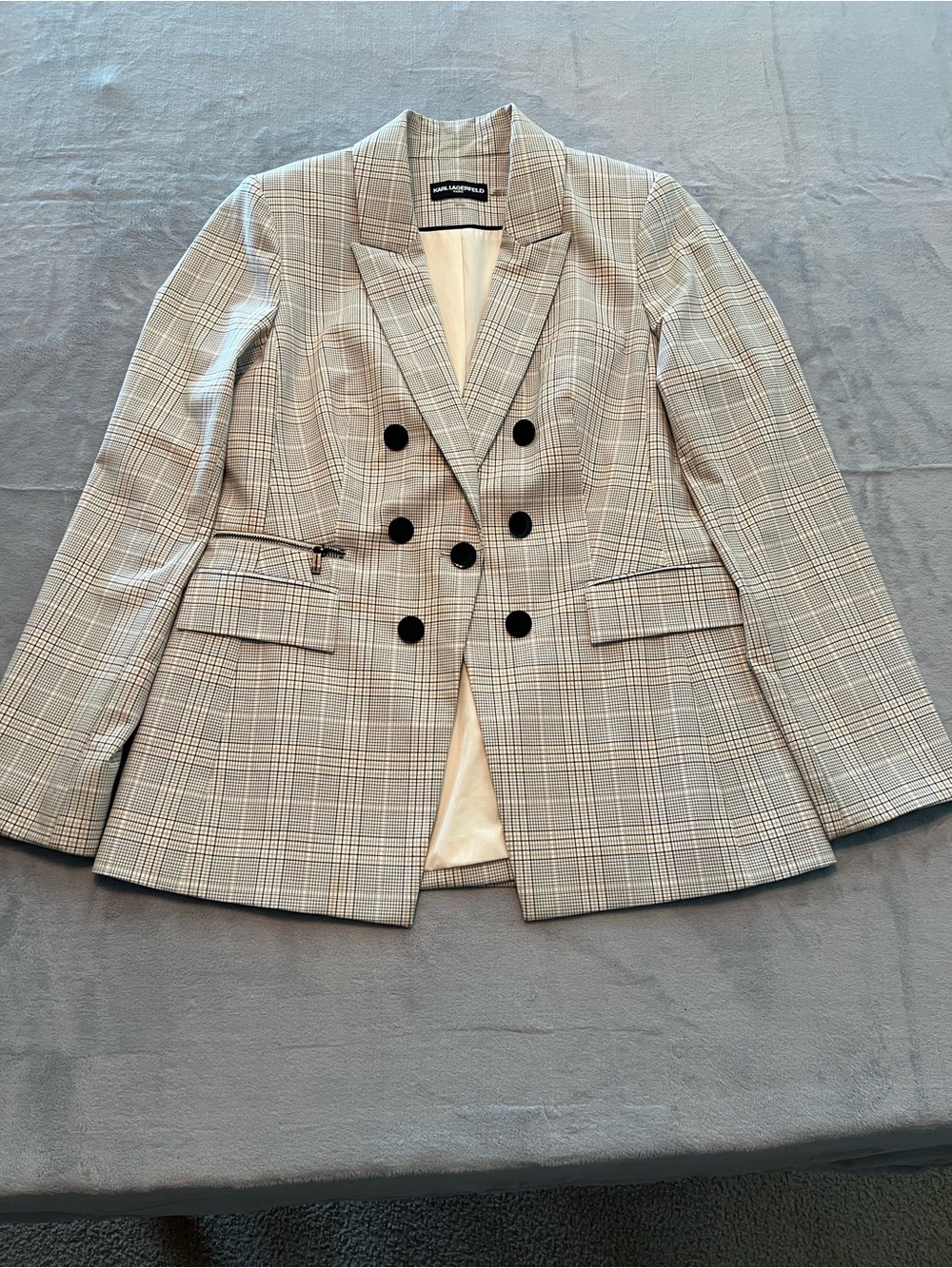 Karl Lagerfeld Beige and Black Plaid Double-Breasted Blazer with Black Buttons